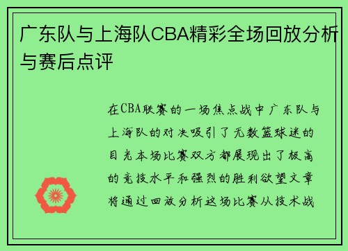 广东队与上海队CBA精彩全场回放分析与赛后点评